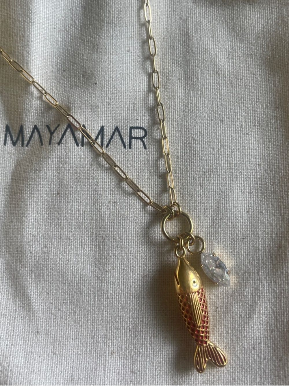 MAYAMAR Gold Koi Fish Pendant Necklace with Marquis Cubic Zirconia Charm 24k